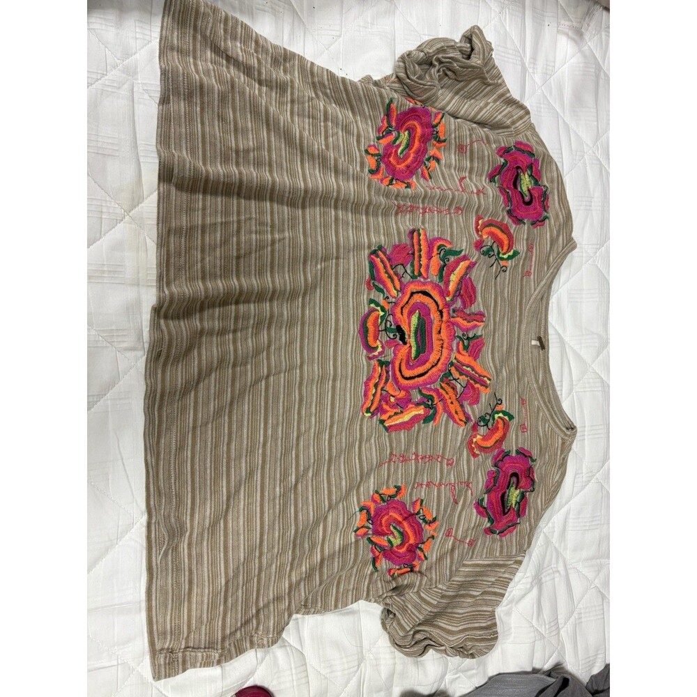 Free People XS Embroidered Floral Top Beige Striped Neon Boho Festival Shirt